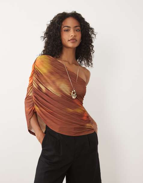 ASOS DESIGN top met blote schouder en drapering in vervaagde zonsondergangprint - view 1