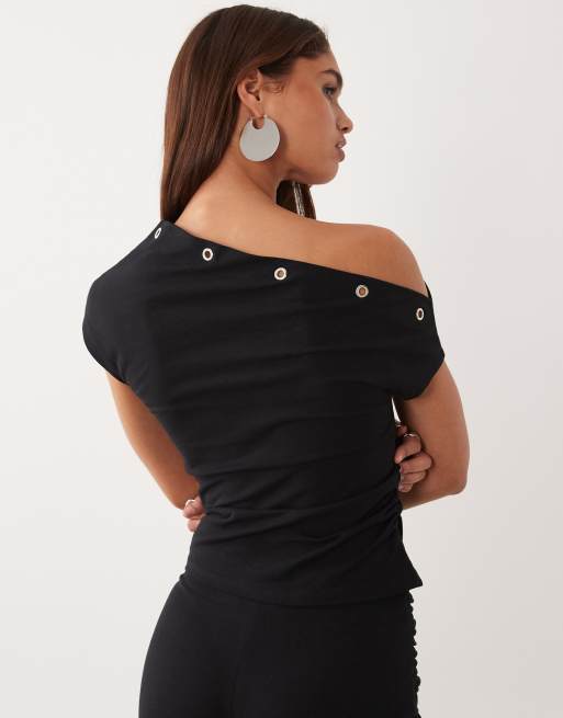 ASOS DESIGN - Top met blote schouder en oogjes in zwart, deel van co-ord set, 3 van 4