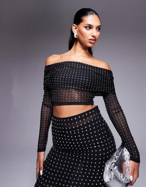 ASOS DESIGN - Top met blote schouders, lange mouwen en hotfix in zwart - view 1