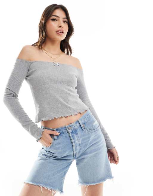 ASOS DESIGN - Top met blote schouders, lange mouwen en kanten rand in gemêleerd grijs