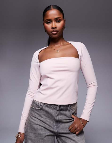 ASOS DESIGN - Top met bolero-detail, lange mouwen en ronde buste in babyroze - view 1