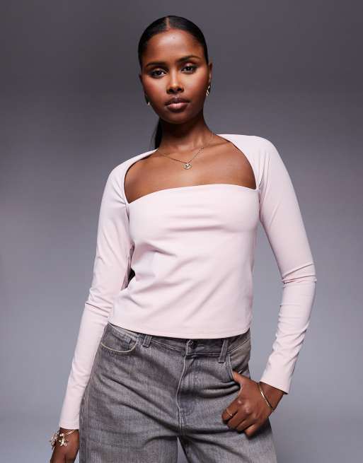 ASOS DESIGN - Top met bolero-detail, lange mouwen en ronde buste in babyroze