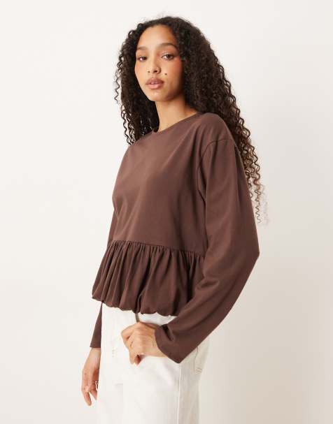 ASOS DESIGN - Top met bolle peplum zoom en lange mouwen in chocoladebruin - view 1