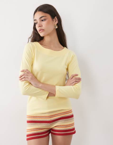 ASOS DESIGN - Top met boothals en 3/4 mouwen in pastelgeel - view 1