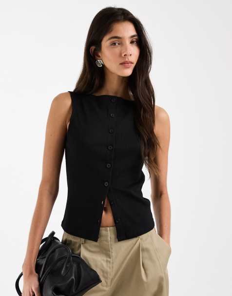 ASOS DESIGN - Top met boothals en knoopsluiting in zwart - view 1