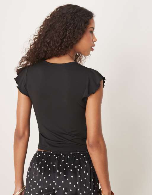 ASOS DESIGN - Top met boothals en ruches aan de mouwen in zwart, 2 van 4