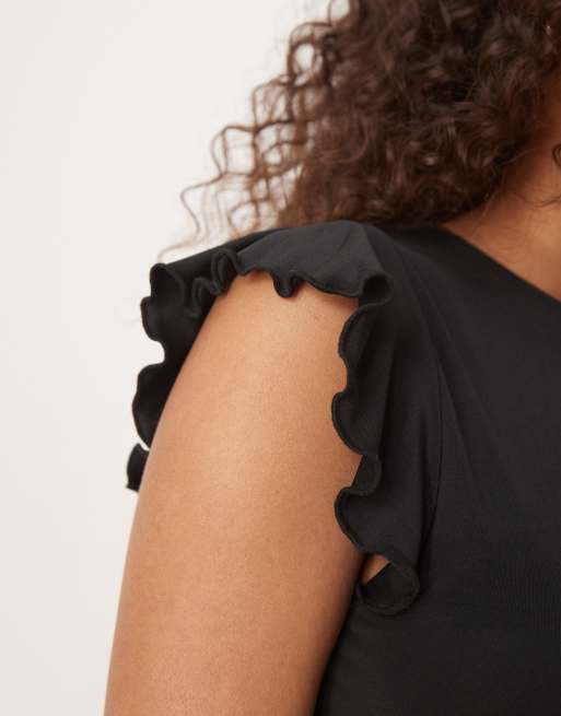 ASOS DESIGN - Top met boothals en ruches aan de mouwen in zwart, 3 van 4