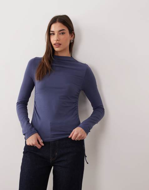 ASOS DESIGN - Top met boothals, lange mouwen en gerimpelde zijkant in blauw - view 1