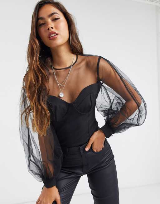 ASOS DESIGN - Top met cups en mesh in zwart