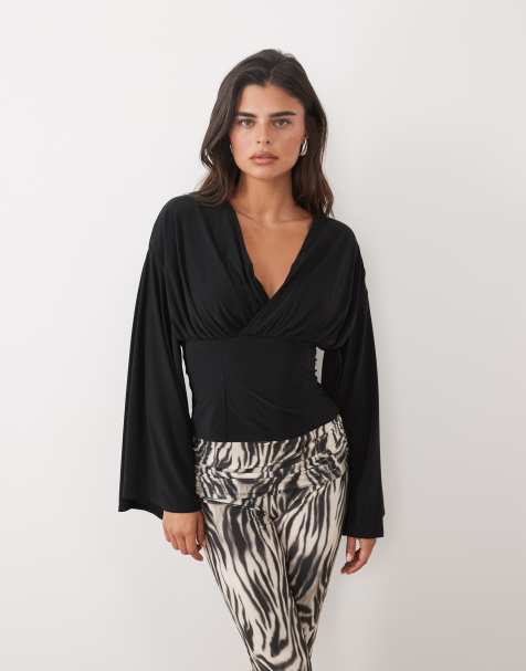 ASOS DESIGN top met drapering en lange mouwen in zwart - view 1