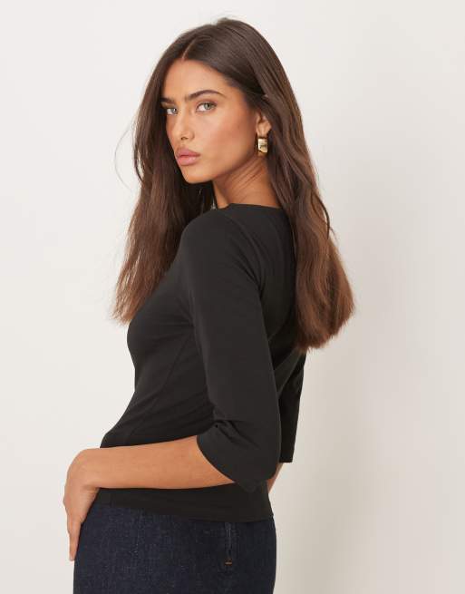 ASOS DESIGN - Top met driekwart mouwen en rechte hals in zwart, 4 van 4