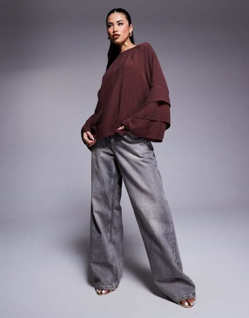 ASOS DESIGN - Top met flared mouwen van zachte stof in bruin, 2 van 4
