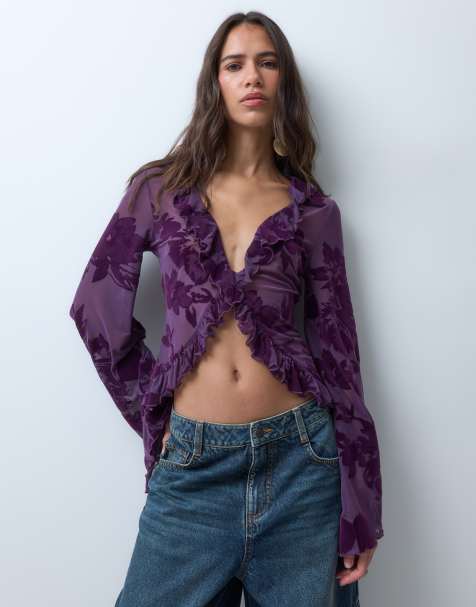 ASOS DESIGN top met flock en ruches aan de voorkant met lange mouwen in paars - view 1