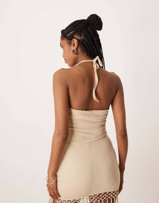 ASOS DESIGN - Top met franjes en halternek in stone, deel van co-ord set, 3 van 4