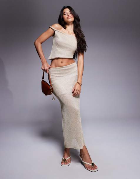 ASOS DESIGN - Top met gedraaide blote schouder en maxirok met glitterbreisel, co-ord set - view 1