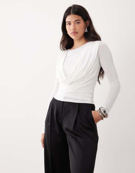 ASOS DESIGN - Top met gedrapeerde halslijn en lange mouwen in wit - view 1