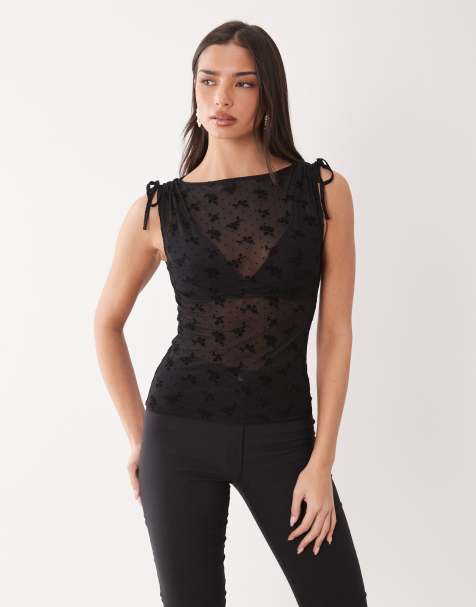 ASOS DESIGN - Top met geflockte kleine print, rechte hals, open achterkant en picot - view 1