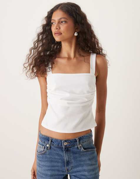 ASOS DESIGN - Top met geplooid detail en vierkante hals in crème - view 1