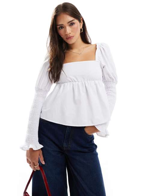 ASOS DESIGN - Top met gesmokte mouwen in wit