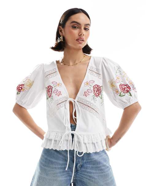 ASOS DESIGN - Top met gestrikte voorkant en geborduurde bloemen - view 1
