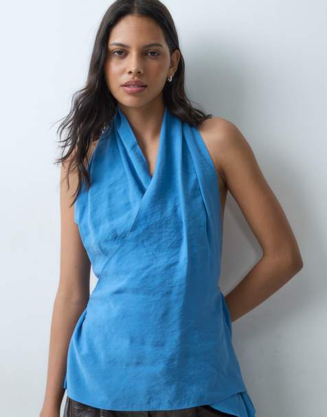 ASOS DESIGN top met halterdetail en drapering in turquoise - view 1