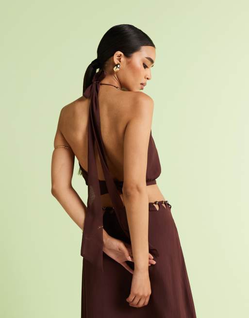 ASOS DESIGN - Top met halternek en kraaltjes in bruin, deel van co-ord set, 3 van 4