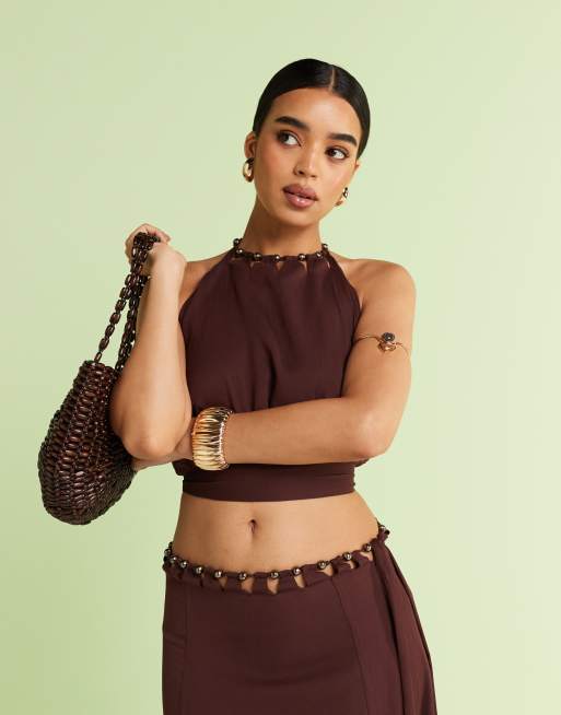 ASOS DESIGN - Top met halternek en kraaltjes in bruin, deel van co-ord set, 4 van 4