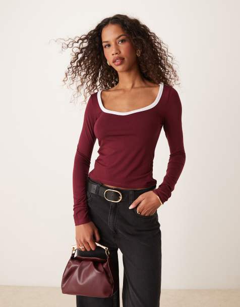 ASOS DESIGN - Top met hartvormige halslijn, lange mouwen en contrasterende rand in bordeauxrood - view 1