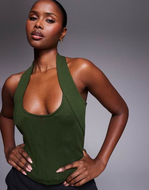 ASOS DESIGN - Top met interlocknaden, halternek en baleinen in groen - view 1