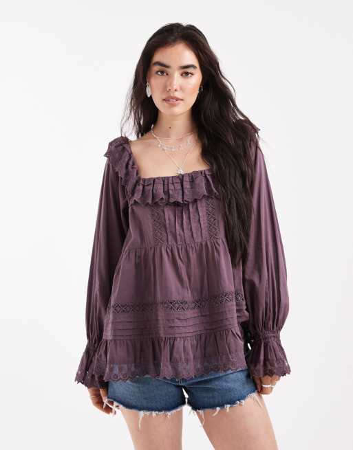 ASOS DESIGN - Top met kant, broderie en vierkante hals in pruim, 2 van 4