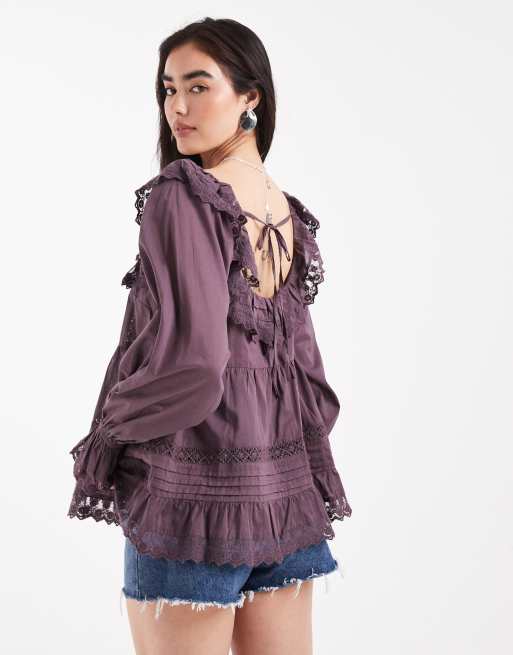 ASOS DESIGN - Top met kant, broderie en vierkante hals in pruim, 3 van 4