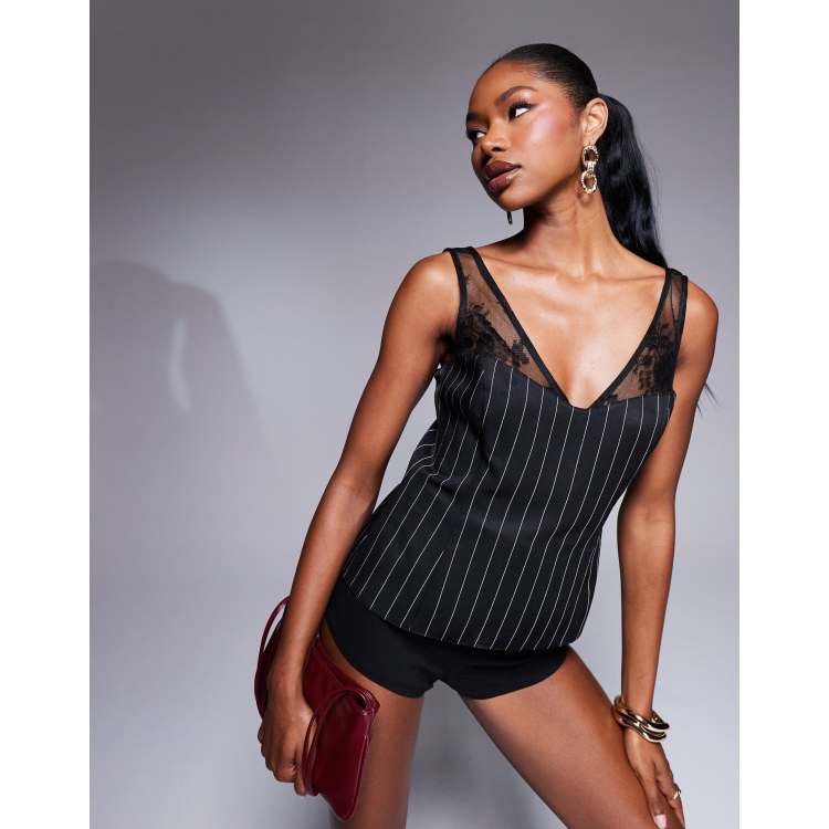 ASOS DESIGN Top met kanten bandjes en krijtstreep in zwart ASOS