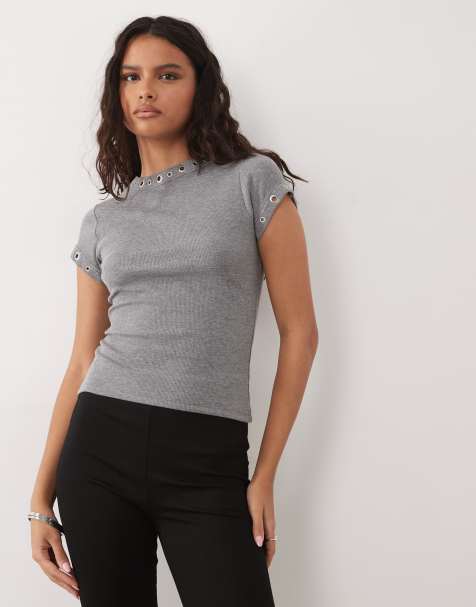ASOS DESIGN - Top met korte mouwen en studs in gemêleerd grijs - view 1