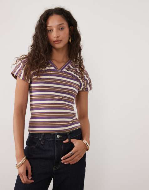 ASOS DESIGN - Top met korte mouwen, V-hals en strepen in lichtgeel en paars - view 1