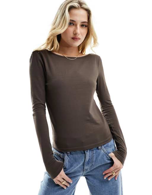 ASOS DESIGN - Top met lage ronde achterkant en lange mouwen in bruin