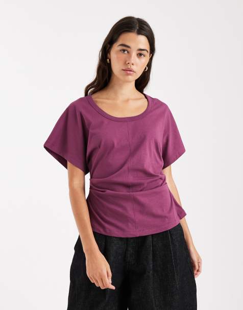 ASOS DESIGN - Top met lage ronde hals, gerimpelde zijkant en korte mouwen in paars - view 1