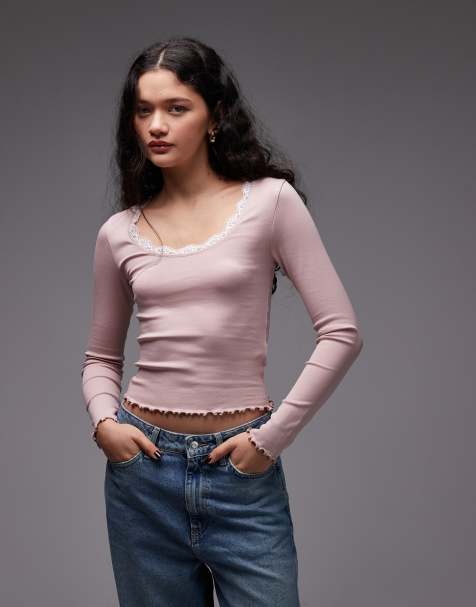 ASOS DESIGN - Top met lage ronde hals, lange mouwen en contrasterend kant in oudroze - view 1