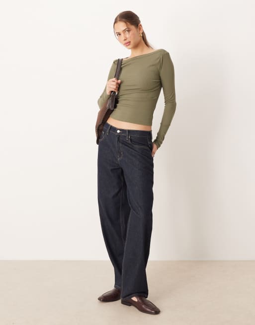 ASOS DESIGN - Top met lange mouwen, boothals en rand in kaki, 4 van 4