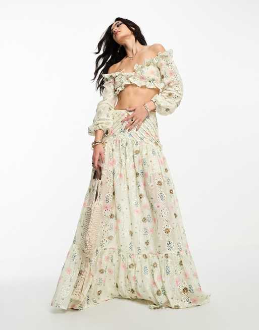 ASOS DESIGN - Top met lange mouwen, broderie, kanten inzetstukken en ruches in bloemenprint, deel van co-ord set