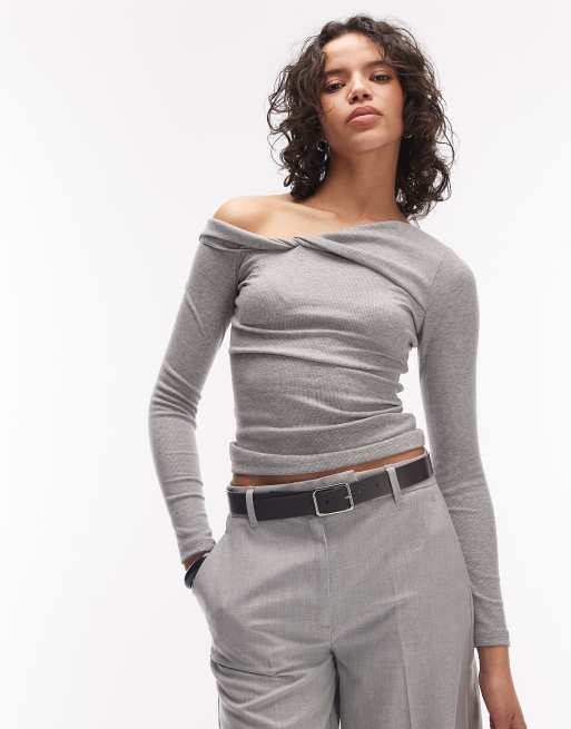 ASOS DESIGN - Top met lange mouwen en afhangende schouder in grijs, 3 van 4