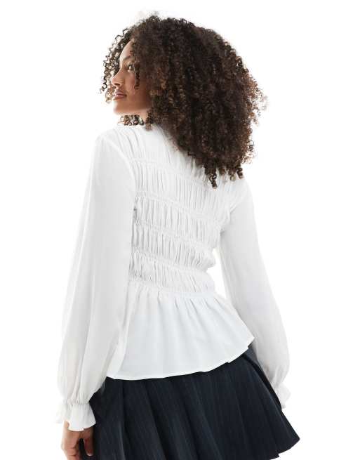 ASOS DESIGN - Top met lange mouwen en asymmetrisch rimpeleffect in crème, 4 van 4