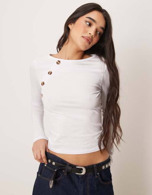 ASOS DESIGN - Top met lange mouwen en knoopdetail in ecru