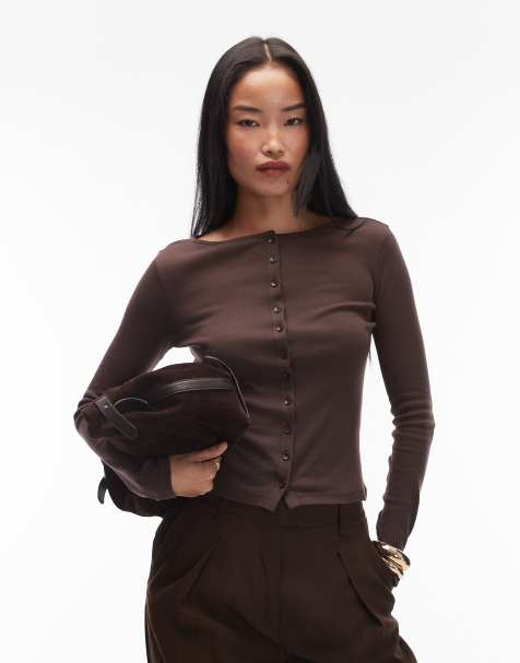 ASOS DESIGN - Top met lange mouwen en knoopsluiting in chocoladebruin - view 1