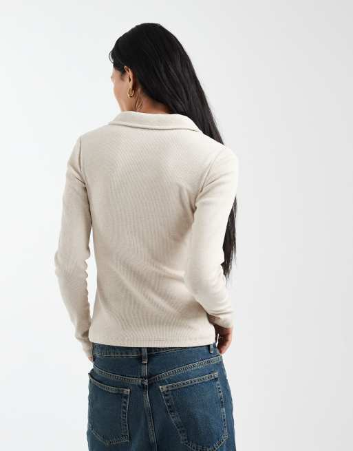 ASOS DESIGN - Top met lange mouwen en kraagje in crème, 4 van 4