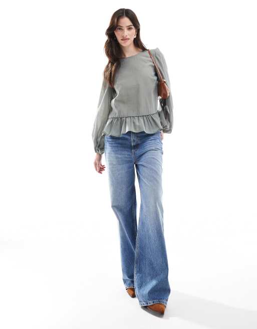 ASOS DESIGN - Top met lange mouwen en peplumzoom in groen, 4 van 4