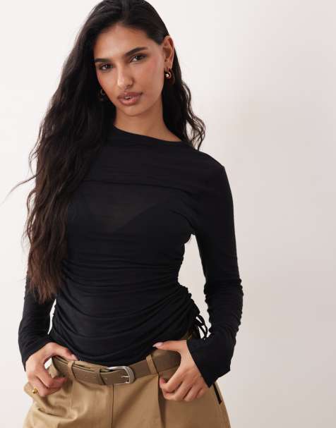 ASOS DESIGN - Top met lange mouwen en rimpeleffect in zwart - view 1