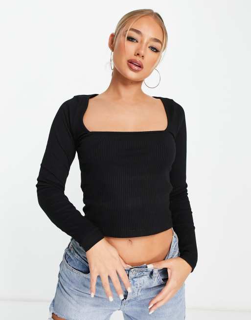 ASOS DESIGN Top met lange mouwen en vierkante hals in zwart ASOS