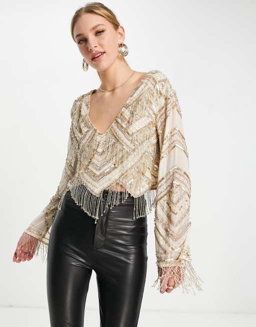 ASOS DESIGN - Top met lange mouwen, franjes en versiering in goud