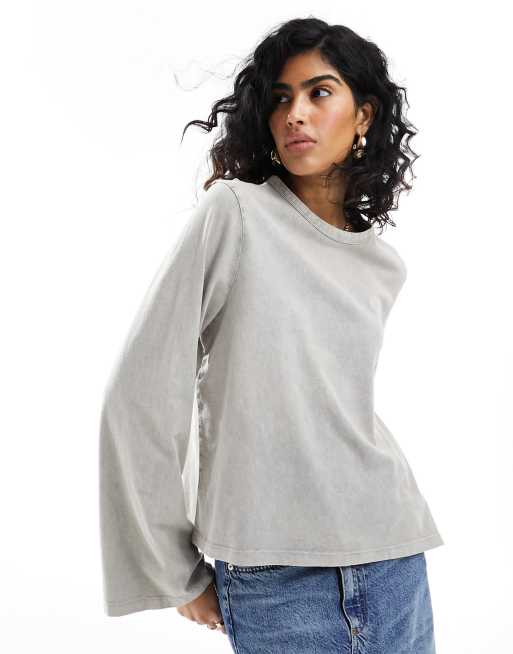 ASOS DESIGN - Top met lange mouwen in grijs met acid wash