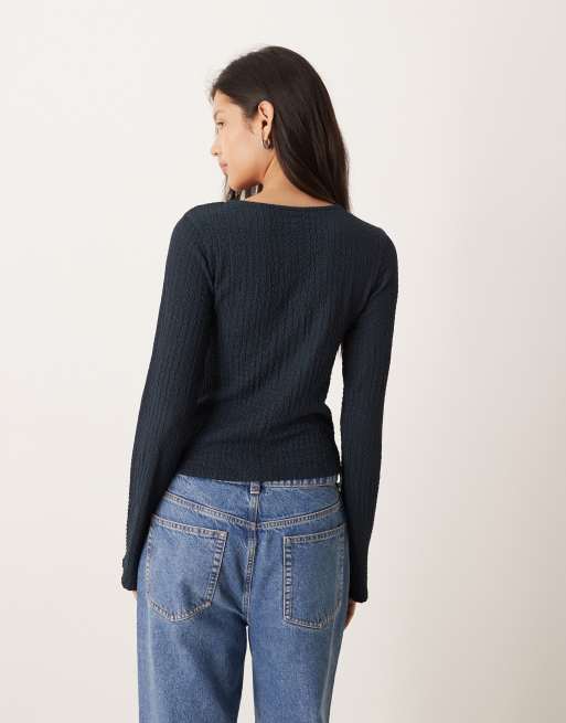 ASOS DESIGN - Top met lange mouwen, knoopsluiting en textuur in marineblauw, 4 van 4